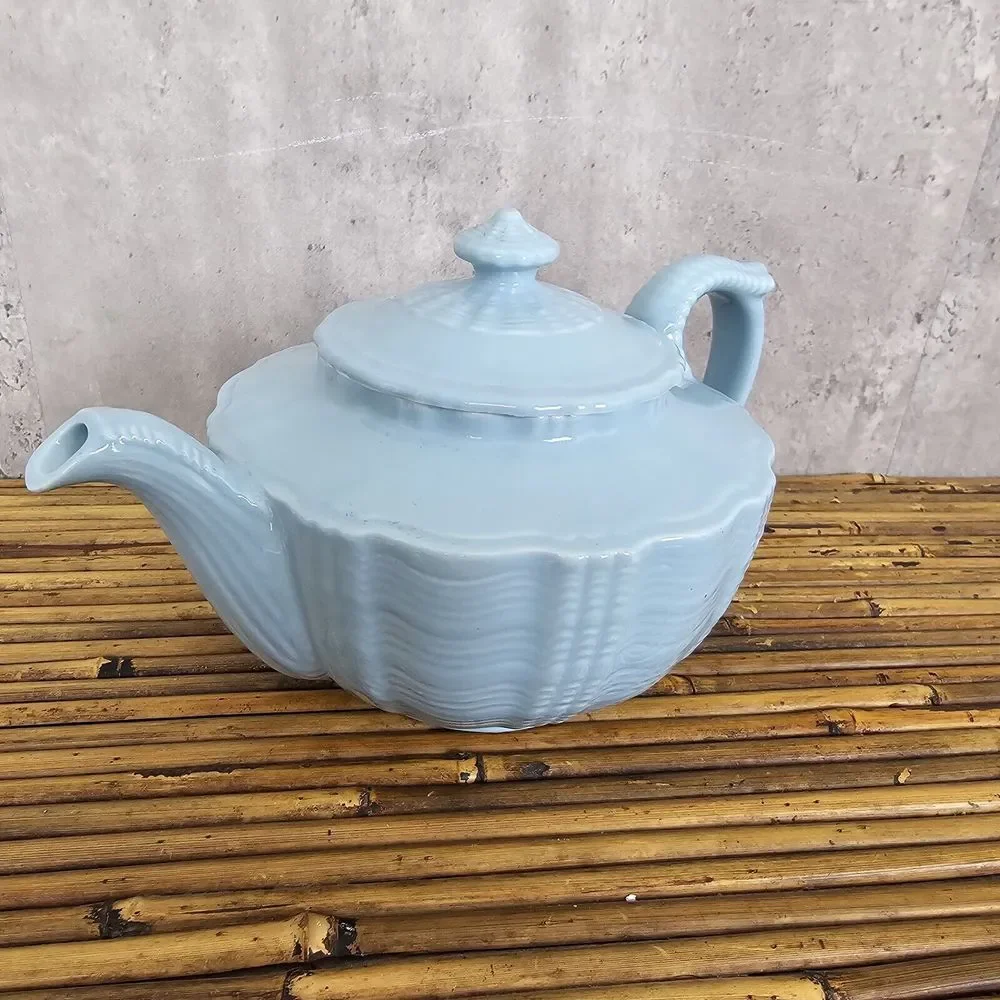 Vintage 40s Hall Birch Light Blue‎ Spice Teapot Darby Pattern Victorian Style